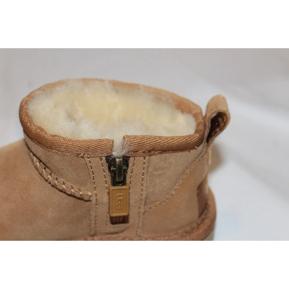 NIB UGG TODDLER‎ ULTRA MINI ZIP SUEDE SHEARLING LINED BOOTS CHESTNUT SZ 8